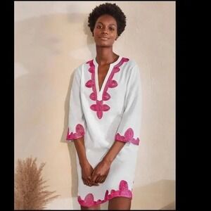 Boden Bella Embroidered Linen Dress White Pink‎ Size 2